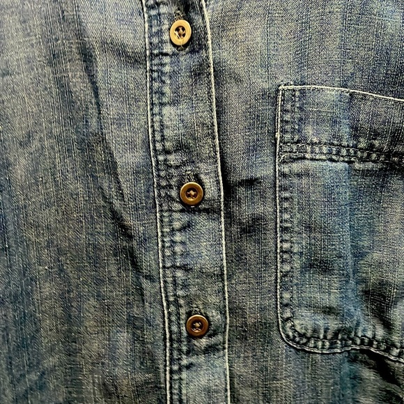 LOFT Denim Shirt Dress Tiered Blue with Pocket Linen Blend Flowy - Picture 7 of 9